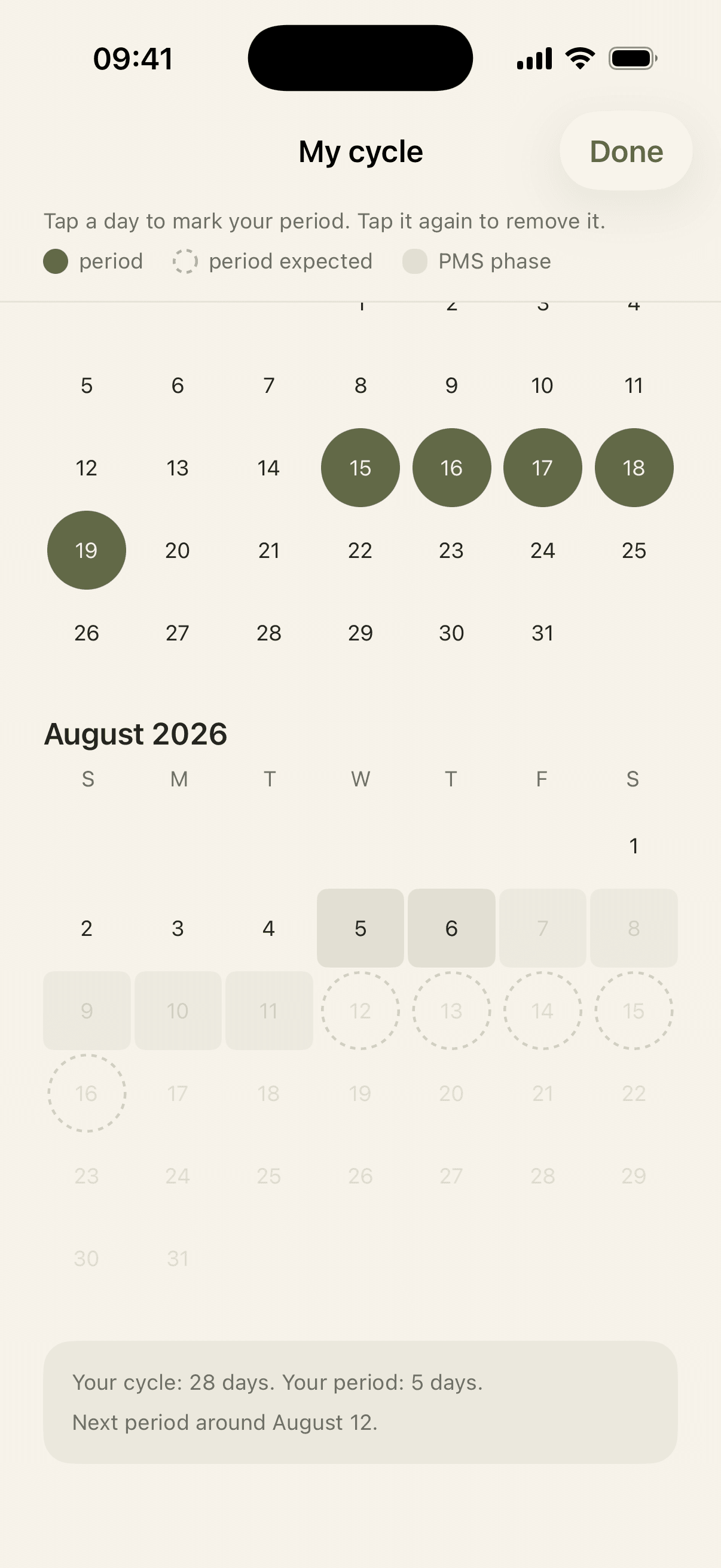The cycle calendar, with marked and predicted days